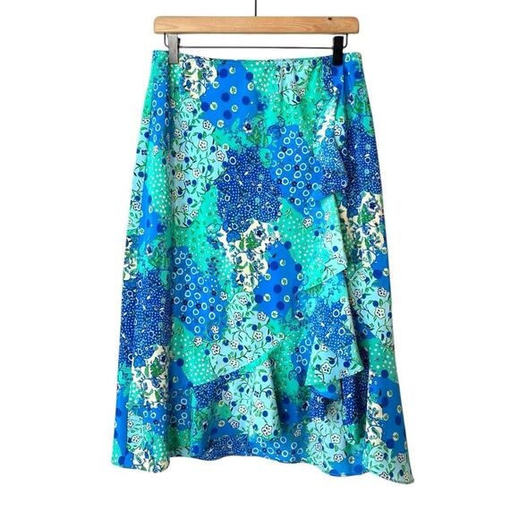 Y2K Vintage Fire Los Angeles Quilt‎ Print Patchwork Asymmetric Ruffle Skirt Larg - Picture 2 of 5